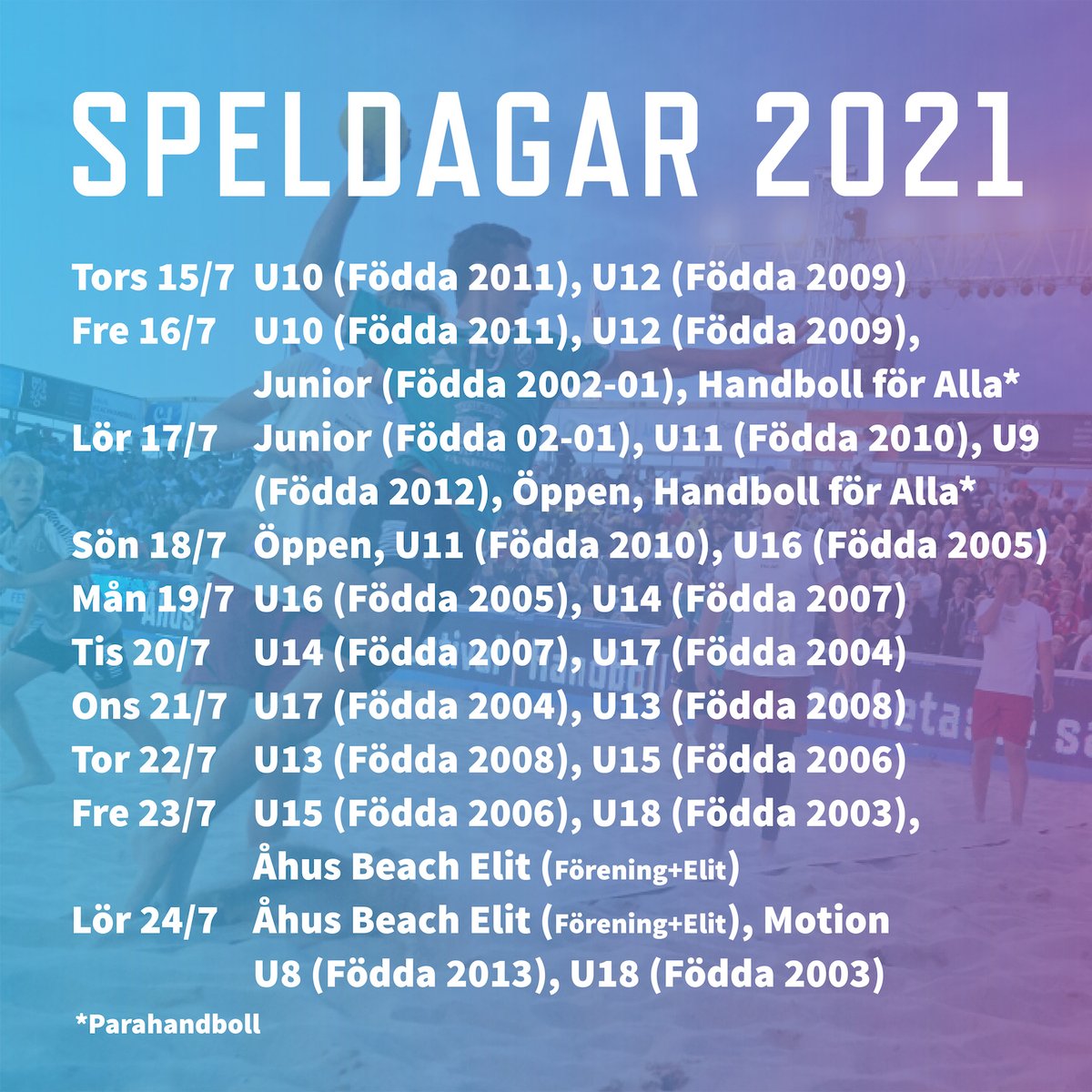 ahusbeach's tweet photo. TRYCKFELSNISSE HAR VARIT FRAMME! Det gick visst lite fort när vi tog fram våra speldagar för 2021. Spelklasserna stämmer enligt förra inlägget men födelsetalet stämmer ej. Här kommer nya och rätt speldagar för 2021. Vi ber så hemskt mycket om ursäkt för felet. ☀️ https://t.co/IW7h9Iuk2C