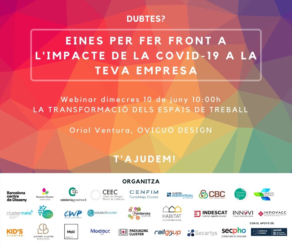 ClusterDisseny's tweet photo. El proper 10/06 nou #webinar de la mà de @Clusters_Cat. @Oriol_Ventura, de l'empresa #OvicuoDesign, protagonitzarà 'La transformació dels espais de treball', des de la perspectiva del disseny i amb una visió global.

Inscripcions 👉 https://t.co/QFQCqdnfIp https://t.co/QTb18MvkMr