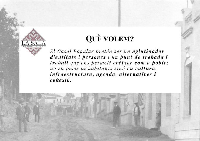 👉Demà 3/6 a les 11:15h, #entrevista amb el Casal Popular La Sala de #SantJust ! 

♦️ Un nou projecte que està creixent al poble com a eina de cohesió de persones, col·lectius i entitats culturals!

♦️Volen ser un nou punt de trobada i treball

<a href="/lasalasantjust/">Casal Popular La Sala</a> <a href="/SuportSantJust/">Xarxa de Suport Sant Just</a>