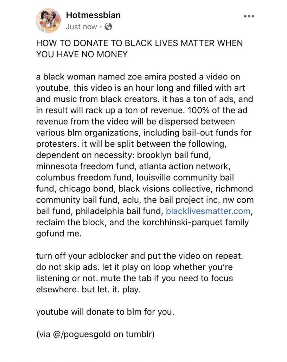 how to donate to BLM when you have no money. leave this on replay while you sleep, in another tab on mute, whatever works for you. youtu.be/bCgLa25fDHM