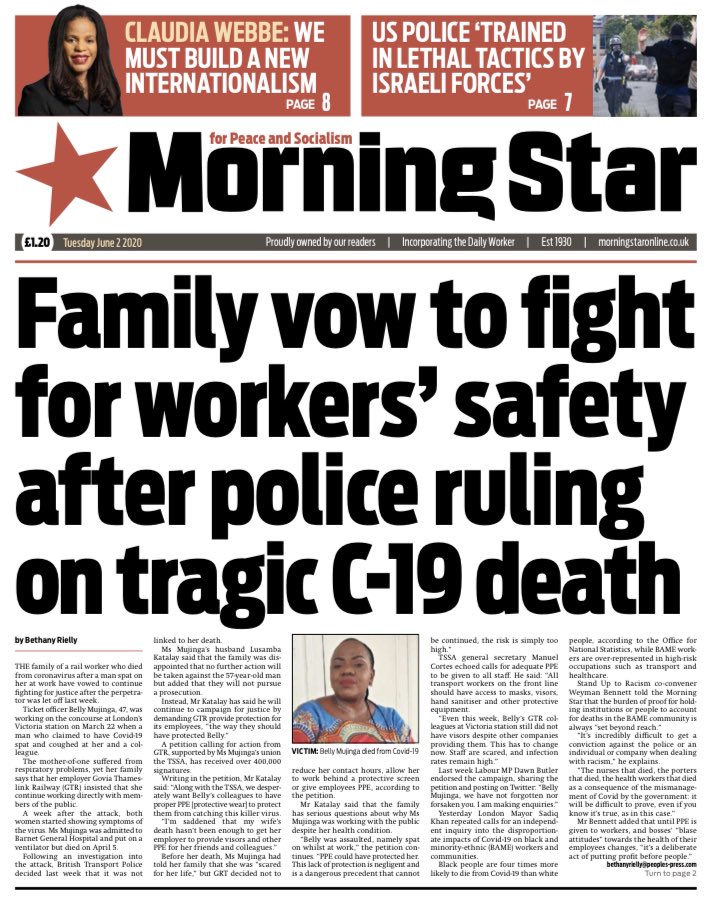 CPBLeics's tweet photo. Morning Star | Front Page :: Tuesday June 2 2020

Family vow to fight for workers’ safety after police ruling on tragic C-19 death https://t.co/Gjd1CEBfzB https://t.co/xVvVgKks1k
