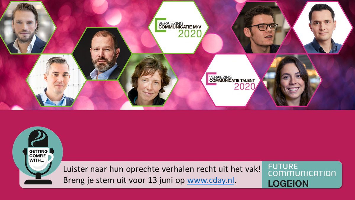 Deze maand niet 1, maar 7 podcasts tegelijk online! Samen met <a href="/Logeion/">Logeion</a> geven we een stem aan de finalisten van de verkiezing Communicatie M/V en CommunicatieTalent 2020. Check bit.ly/2XCyblc. Aan wie geef jij je stem? #logeion #gettingcomfiewith #communicatieverkiezingen