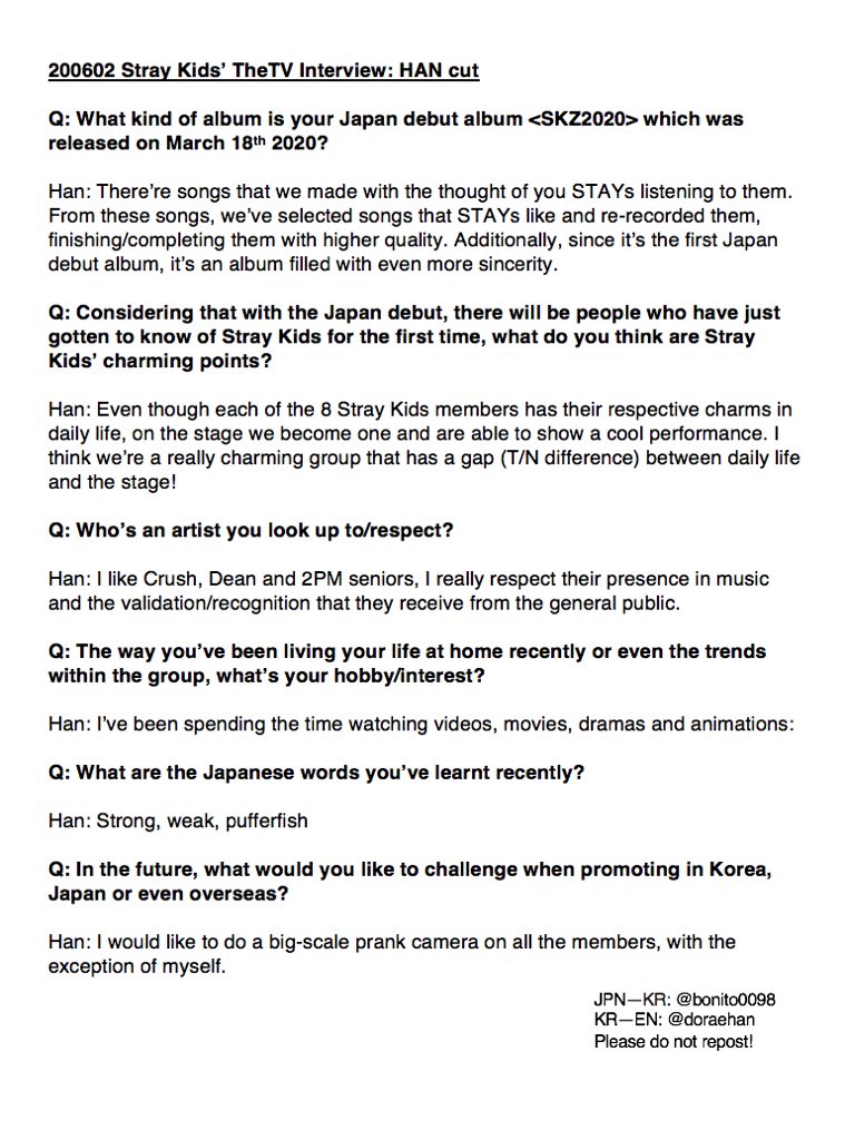 doraehan's tweet photo. 200602 Stray Kids’ THETV Interview: HAN cut 🐿

“Even though each of the 8 Stray Kids members has their respective charms in daily life, on the stage we become one and are able to show a cool performance...”

🔗https://t.co/bBtinn1SkM
#스트레이키즈 #한지성 https://t.co/wyjlzPgdkC