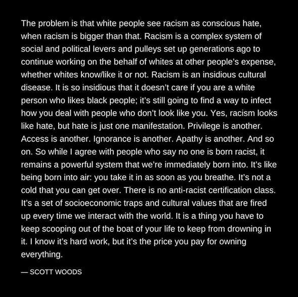 DarrenCriss's tweet photo. Profound and precise words from @scottwoodssays. This is only one piece of his many admirable and enlightening essays on the very complex topic of defining racism. #BlackLivesMatter https://t.co/ktnkB94Jn5