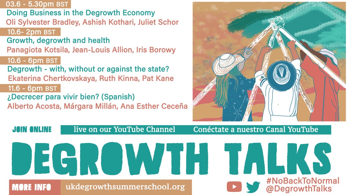 📢The next 4 #nobacktonormal #degrowthtalks are out! 🐌Doing business; health; the state; and a special session in Spanish!🌱⚠️ Save the dates! 
👏Huge thanks to @iSorlat for the always beautiful graphics. Pls share widely ✊🆓🔜 youtube.com/channel/UCnmLr…