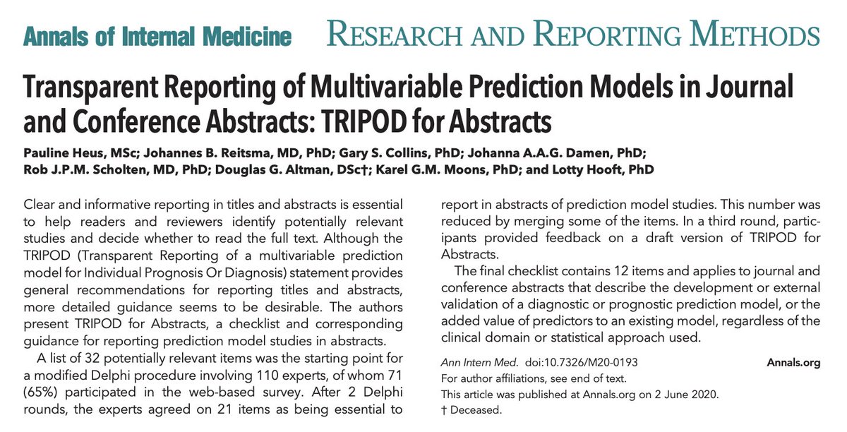 Gary Collins (@gscollins) on Twitter photo NEW PAPER (in <a href="/AnnalsofIM/">Annals of Int Med</a>): Transparent Reporting of Multivariable Prediction Models in Journal and Conference Abstracts:<a href="/TRIPODStatement/">TRIPODStatement</a> for Abstracts (paper 👉 tinyurl.com/y8gegb6p with examples of good reporting). <a href="/CSMOxford/">Centre for Statistics in Medicine Oxford</a> <a href="/EQUATORNetwork/">EQUATOR Network</a> <a href="/OxfordBRC/">NIHR Oxford Biomedical Research Centre</a> <a href="/OxfordMedSci/">Medical Sciences</a> <a href="/ndorms/">NDORMS</a> NEW PAPER (in <a href="/AnnalsofIM/">Annals of Int Med</a>): Transparent Reporting of Multivariable Prediction Models in Journal and Conference Abstracts:<a href="/TRIPODStatement/">TRIPODStatement</a> for Abstracts (paper 👉 tinyurl.com/y8gegb6p with examples of good reporting). <a href="/CSMOxford/">Centre for Statistics in Medicine Oxford</a> <a href="/EQUATORNetwork/">EQUATOR Network</a> <a href="/OxfordBRC/">NIHR Oxford Biomedical Research Centre</a> <a href="/OxfordMedSci/">Medical Sciences</a> <a href="/ndorms/">NDORMS</a>