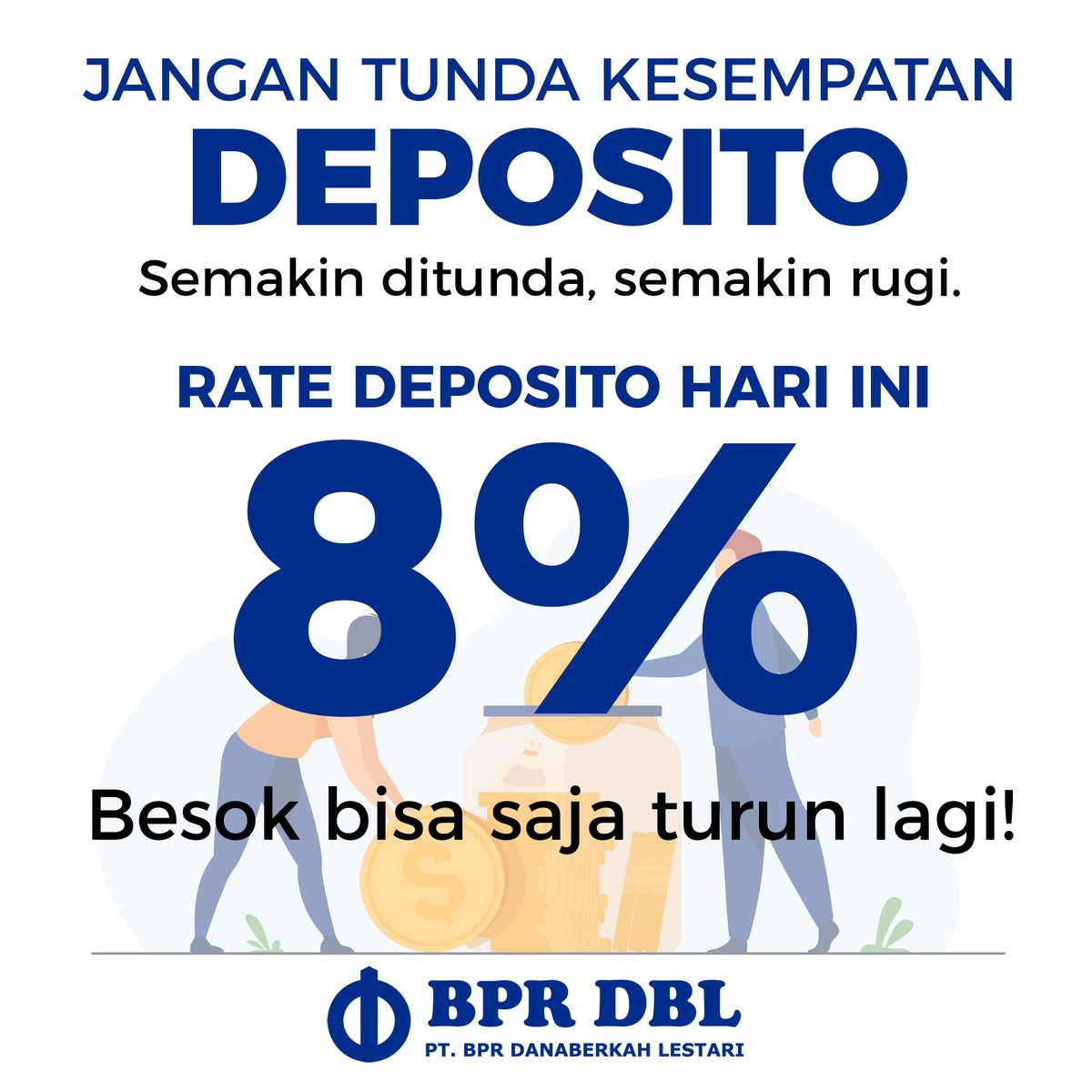 Bunga deposito terus turun, tapi bunga deposito di BPR DBL tetap paling tinggi.
Ayo jangan tunda lagi, tempatkan deposito sekarang ya!
.
.
#depositobank #bungadeposito #bungalps #bankindonesia #bprdbl #investasideposito #investasiemas #investasiproperti