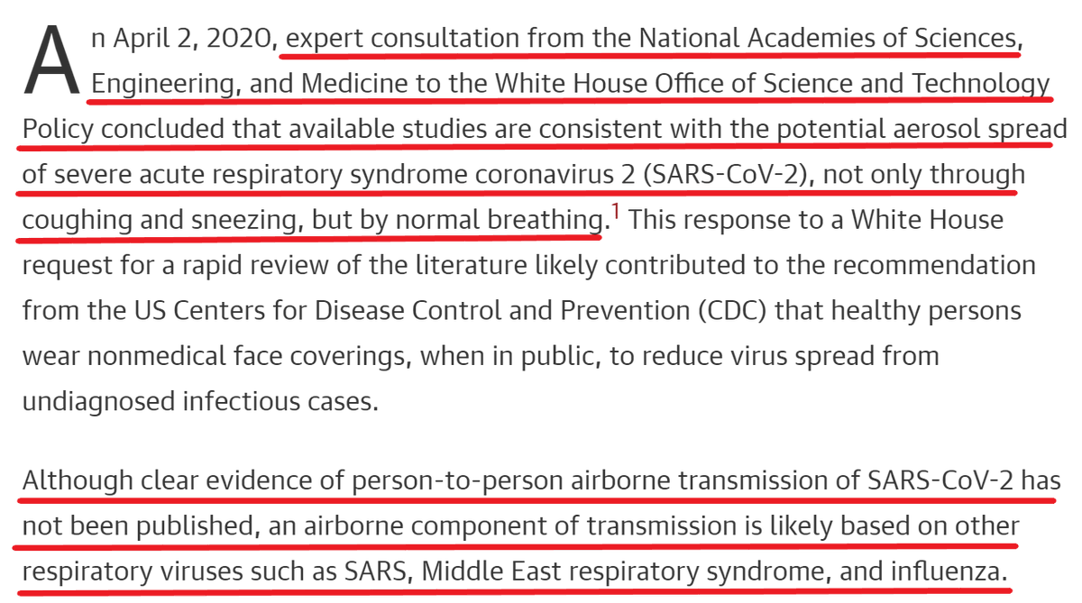 New Journal of Am Medical Assn articleon airborne Covid-19 transmission by two Harvard Medical School professors who are experts on airborne infectious respiratory diseases. They maintain that "an airborne component of transmission is likely". 1/ https://jamanetwork.com/journals/jama/fullarticle/2766821