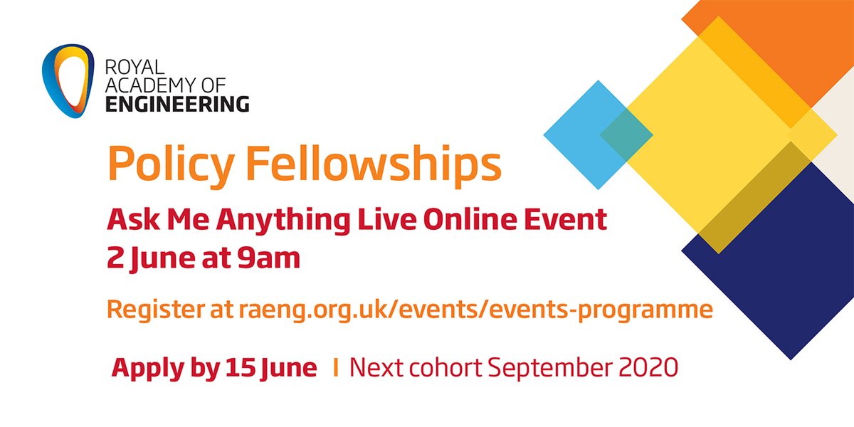 Have questions about the @RAEngNews #PolicyFellowships programme? You can ask the programme manager all about it - join them for an 'Ask Me Anything' webinar today from 9am: raeng.org.uk/events/events-…