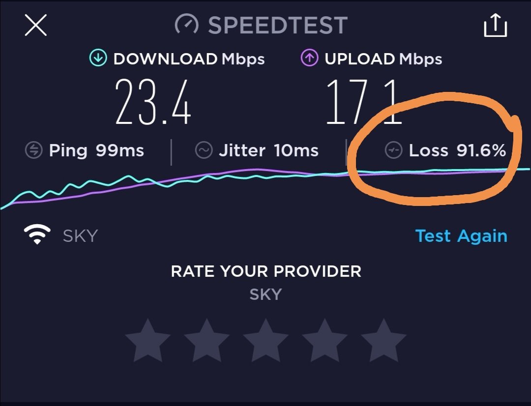 Baldugaras's tweet photo. @SKYserves very high packet loss for Sky Fiber/Sky Broadband! https://t.co/pXbTdOolxe