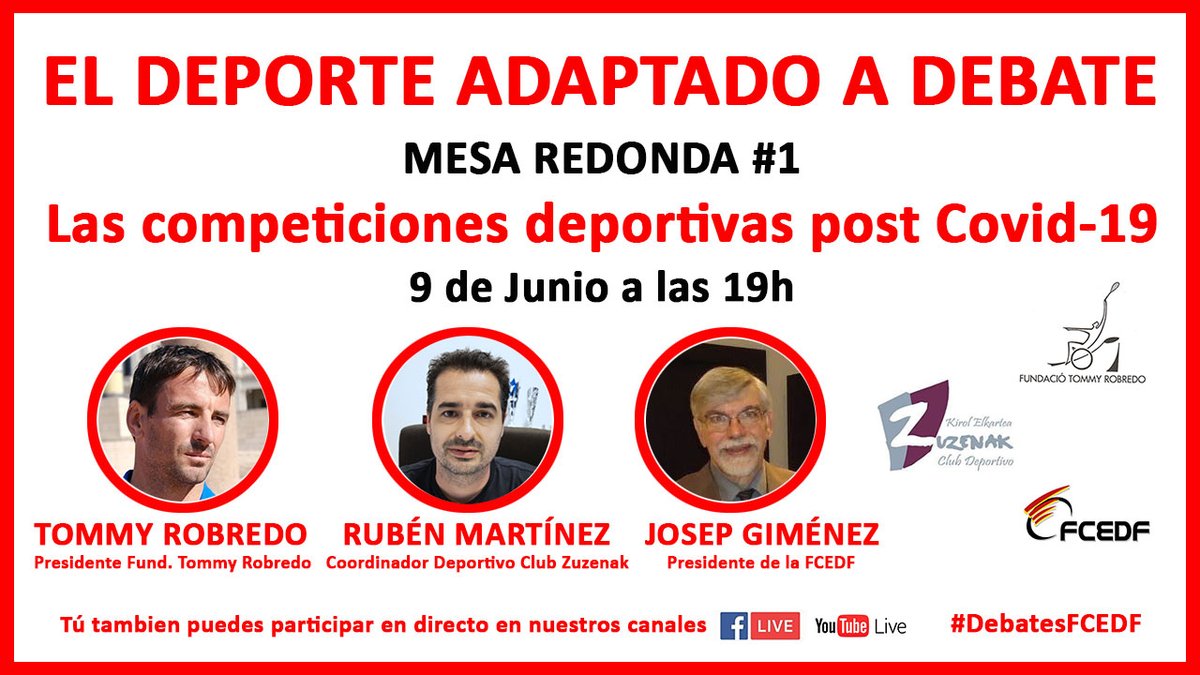 L’esport adaptat a debat, nova iniciativa de la FCEDF. Comencem parlant sobre el futur de les competicions esportives.

Dimarts 09/06 a les 19h amb:
<a href="/TRobredo/">Tommy Robredo</a>, president de la <a href="/FTommyRobredo/">FundacioTommyRobredo</a> 
Rubén Martínez, del <a href="/zuzenakclub/">Club Zuzenak</a> 
Josep Giménez, president FCEDF
esportadaptat.org/2020/05/31/les…