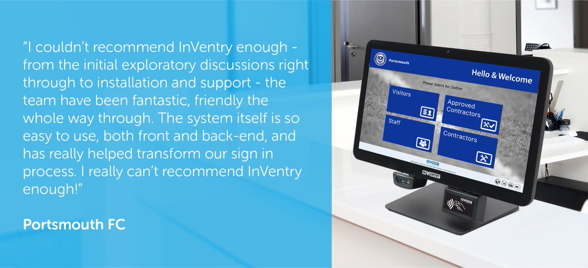 InVentryLtd's tweet photo. It’s #TestimonialTuesday and this week we’re talking about @Pompey. They were looking for a #SignIn and #VisitorManagement solution to improve site security, staff record keeping &amp; compliance. Read their full case study here: https://t.co/vP6ZUe8tDl #PortsmouthFC #Pompey https://t.co/wgaqP7o9tq