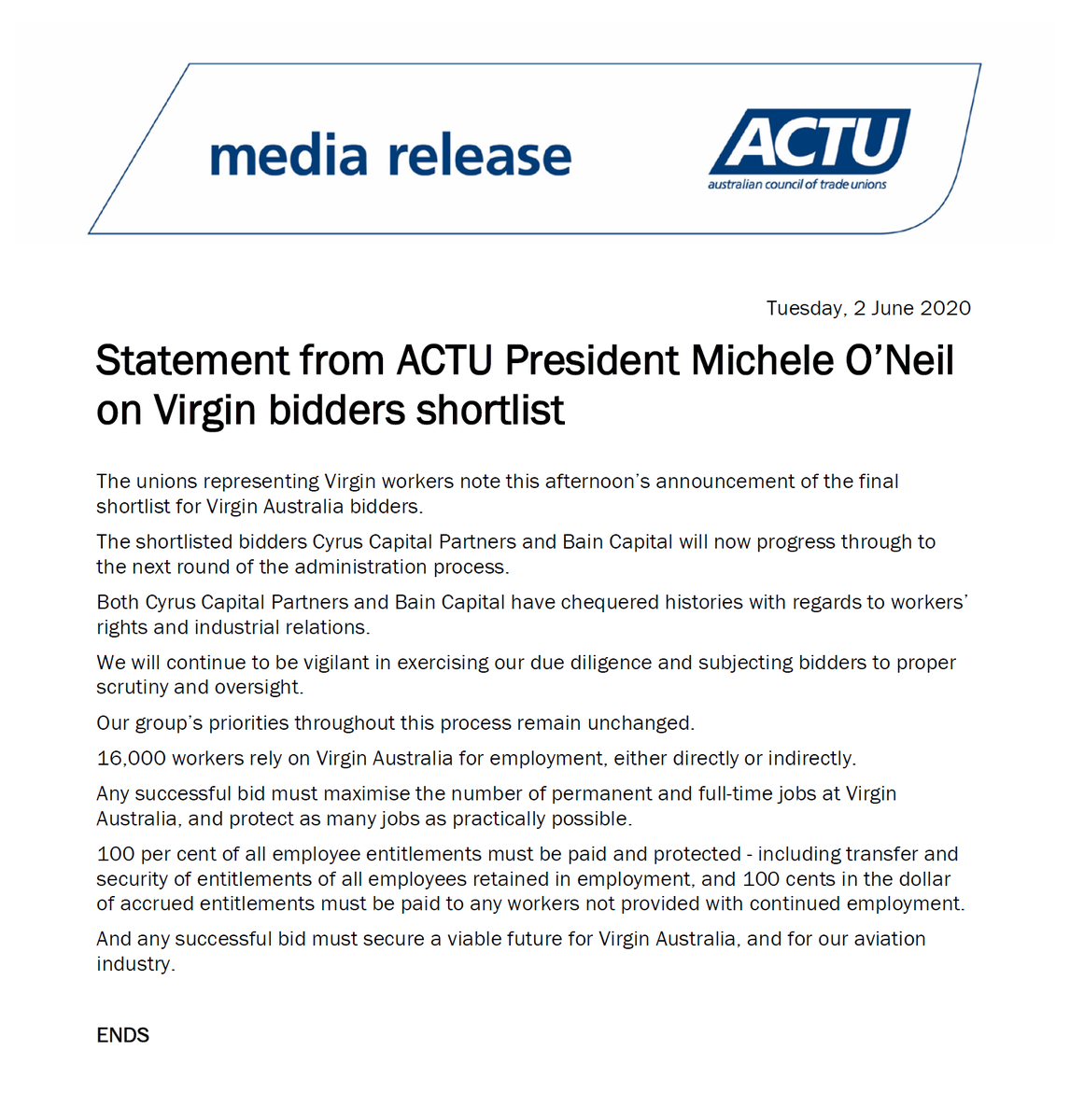 unionsaustralia's tweet photo. Statement from ACTU President @MicheleONeilAU on Virgin bidders shortlist.
"And any successful bid must secure a viable future for Virgin Australia, and for our aviation industry."
https://t.co/iptiG5B6qF
#ausunions #auspol #savevirgin https://t.co/zhTqxJDx8v