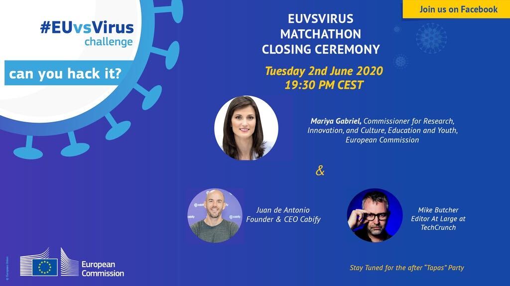 Have a look at today's official #EUvsVirus closing ceremony via facebook.com/EUvsVirus
 
#HackCOVID #TogetherWeCan #HackTheCrisis #StrongerTogether #ProjectsForLife
#wirvsvirus