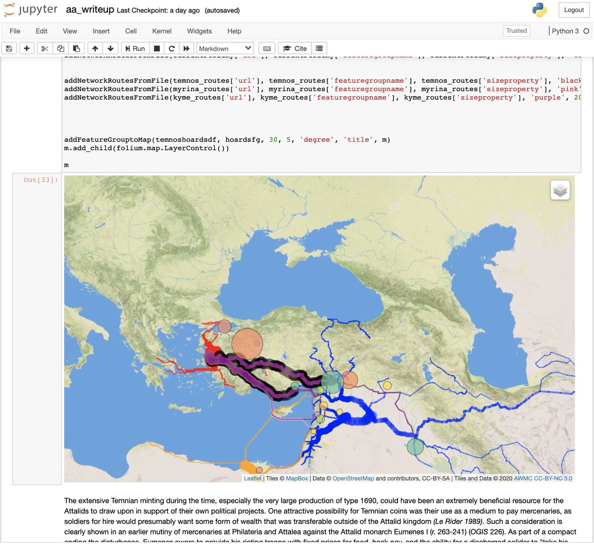RyanMHorne's tweet photo. @NEHgov @ProjectJupyter @github 4) You can also visualize polities as networks (cities connected to the capital), with data from @ORBIS_Stanford / @AWMC_UNC / #DARMC / #Harvardworldmap. Flows from mints to hoards can be mapped in the same way, abstracting economic and social power along axes of communication. https://t.co/XQEPIPXypB