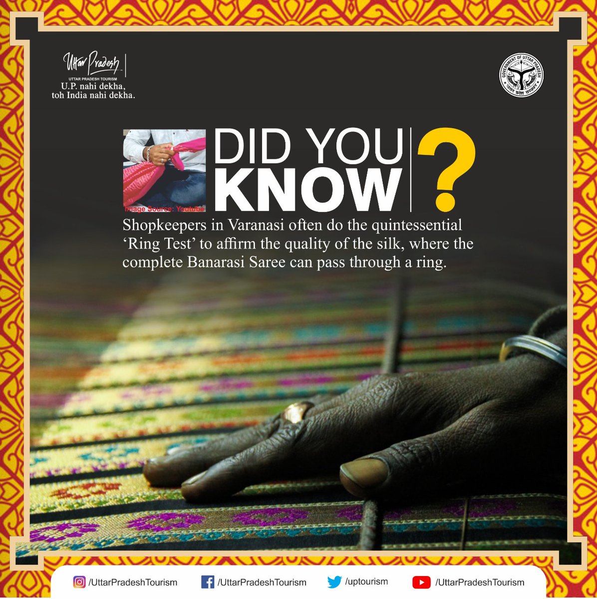 uptourismgov's tweet photo. The Banarasi Silk Sarees and Brocades are known worldwide for its elegance. Here shopkeepers often do the quintessential ‘ring test’ to affirm the quality of silk, where a whole sari is passed through a small ring.
#DidYouKnow #KnowYourUP #UPTourism #TourUP #UPTrip https://t.co/EbIwy6p5BB