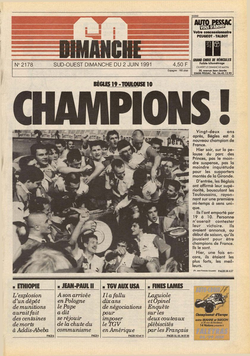 SOArchives's tweet photo. 🔍 Rien que pour vous, voici la #Une du jour sélectionnée dans les #archives de @sudouest : le 2 juin 1991, le #CABBG (Club athlétique Bordeaux Bègles Gironde) est champion de France de #rugby ! https://t.co/2OuBZgLMzc