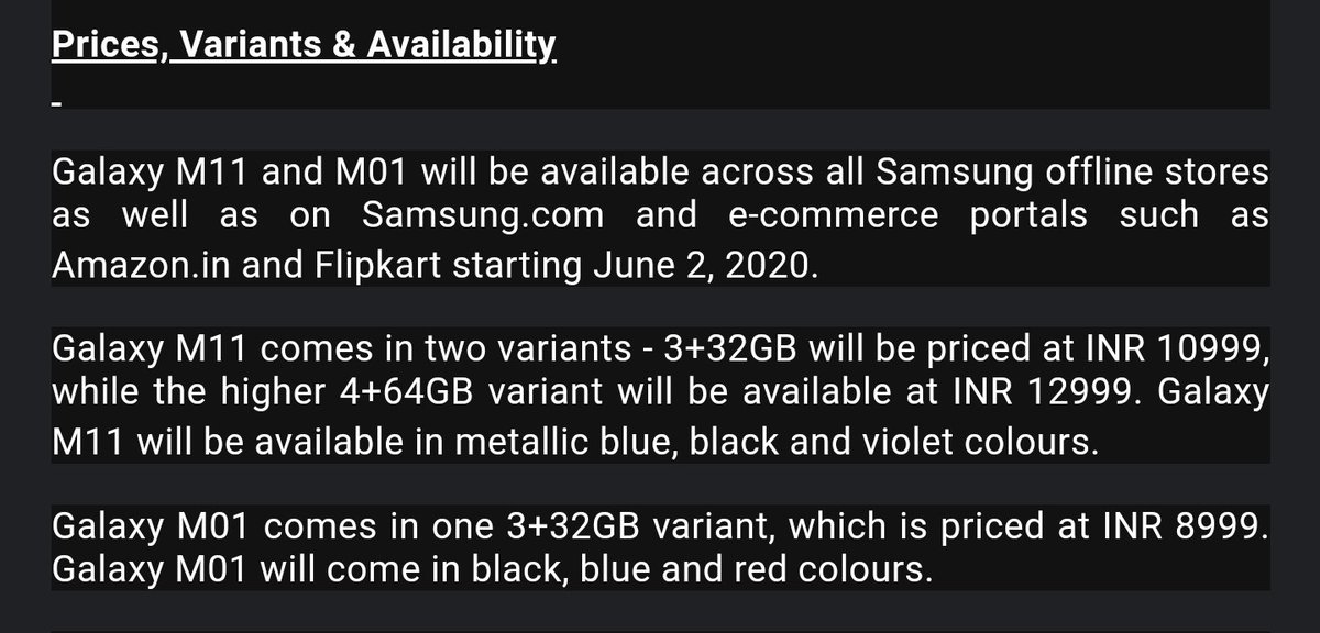 GadgetFreak4U's tweet image. Samsung continues its affordable segment push with the new #GalaxyM11 and #GalaxyM01. Snapdragon chipsets, up to 5,000mAh battery, Dolby Atmos, and local language keybaord are interesting additions. Here's a look at prices, specs and features.