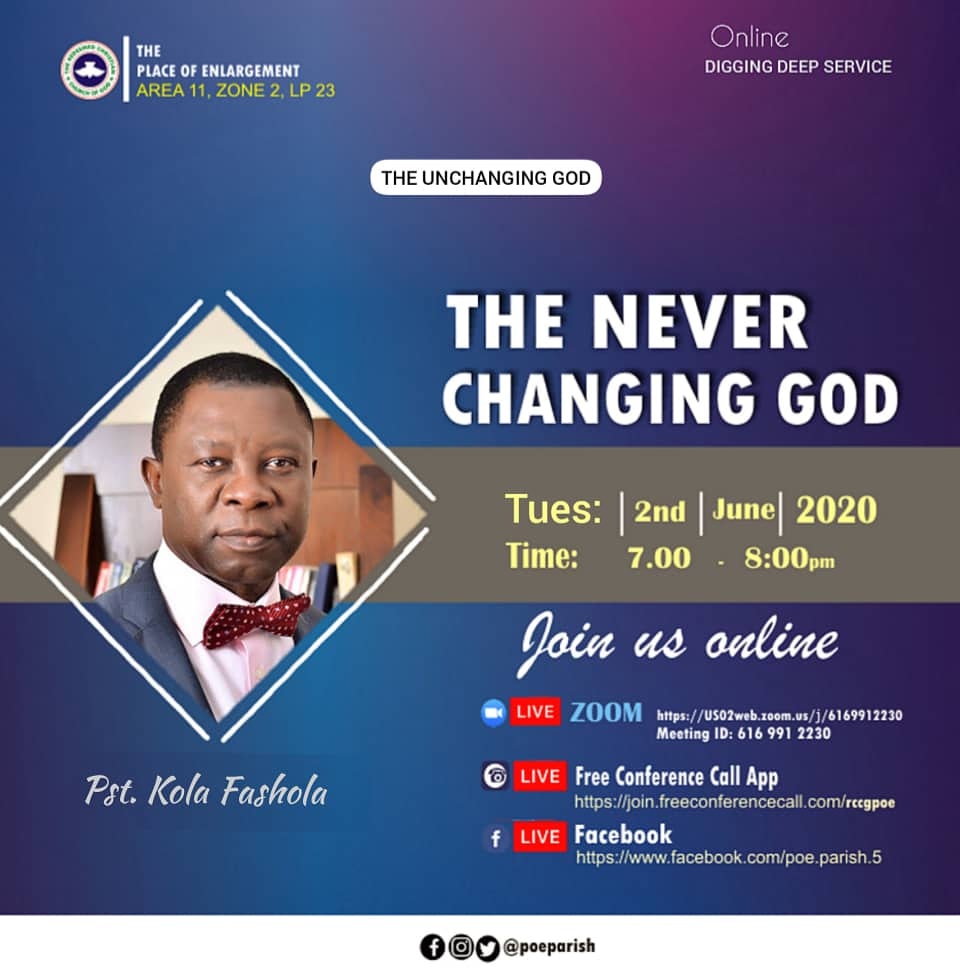 poeparish's tweet photo. DIGGING DEEP

Join us today for a teaching on THE NEVER CHANGING GOD with Pst. Kola Fashola (PICZ)
Time: Tuesday 2nd June, 2020 (7:00pm - 8:00pm)
Zoom 
https://t.co/IqvZiKvmZV
FCC
https://t.co/yCuP42BYlX
FACEBOOK
https://t.co/s7F7rKM3Lf
Happy New Month once again.
God bless you https://t.co/g4UjtjE1Gb