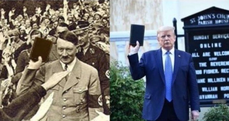 mikebaudy's tweet image. I couldn't work out what that bizarre photo op with the random bible was about until I saw this. 

Trump LOVES signalling his white supremacist cult with Nazi Tropes!