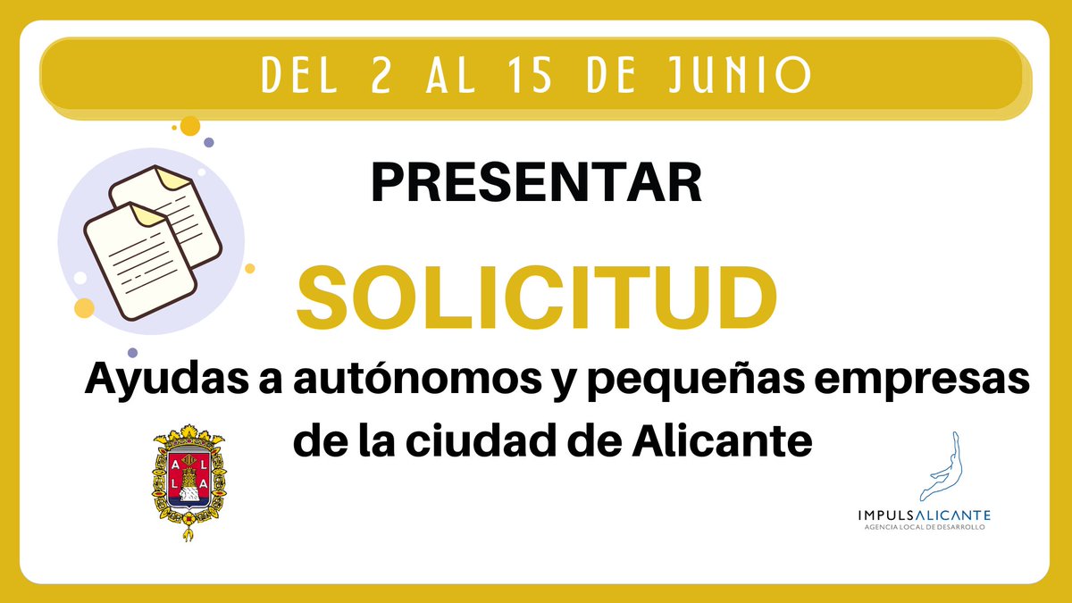 Desde hoy, y hasta el 15/06, puedes presentar tu solicitud para participar en las Ayudas a autónomos y pequeñas empresas de la ciudad de Alicante.
🤔Recuerda que antes deberás reservar cita previa.
Más info sobre la ayuda y trámites 👉 bit.ly/2Mm5iEB