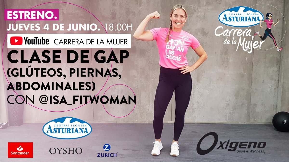 CarreraMujer's tweet photo. ¡Este jueves a las 18h tenemos una cita IMPRESCINDIBLE! GAP (Glúteos, Abdominales, Piernas) de la mano de nuestra querida @Isa_fitwoman monitora de @oxigenosport, para fortalecer glúteo, abdomen y piernas. Será en nuestro canal youtube: https://t.co/Y60vUIsEEX https://t.co/A4xdYxF1Hq
