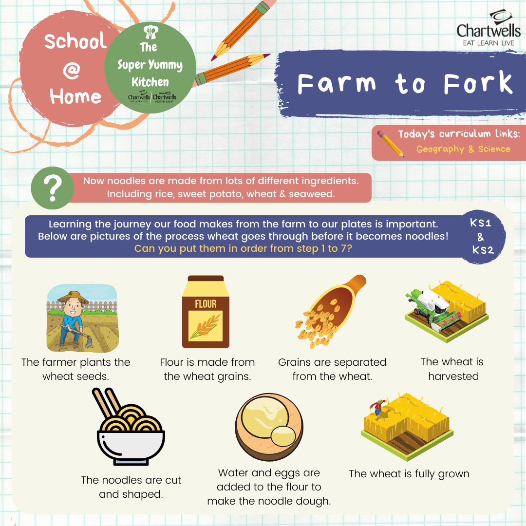TheSYKitchen's tweet photo. Do you need something fun, foodie &amp; educational to do with the kids?💡Today we have 2 #kidsactivities linked to the curriculum &amp; recipes of the week #HomeSchool #Education

🚜🍜 Farm to fork, thinking about how wheat turns into noodles!

🌈🍏 Making super colourful fruit kebabs! https://t.co/71MPO34bdf