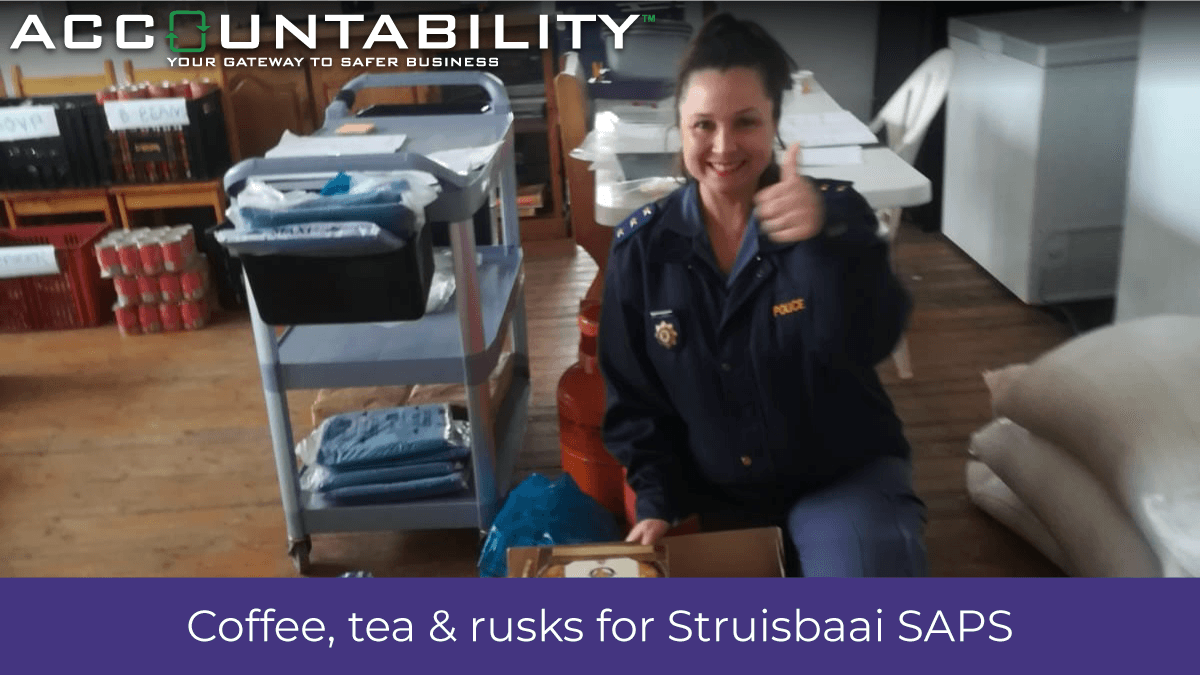 AccyGroup's tweet photo. Accountability made a #donation of coffee, tea, sugar, milk and plenty of rusks to the @SAPoliceService in Struisbaai. The donation was received by Captain Carlien Swart, as everyone was out in the field assisting with the mass feeding project underway.

https://t.co/trteai7nFH https://t.co/mhHuJcM5Xk