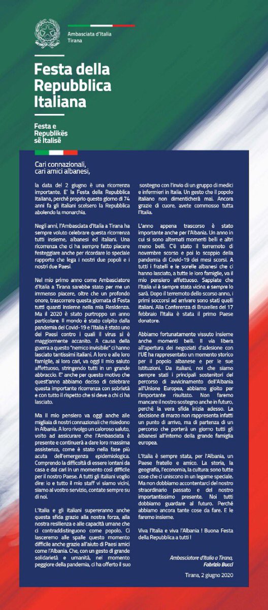 Italy In Albania On Twitter In Occasione Della Festa Della Repubblica Italiana L Ambasciatore D Italia Fabrizio Bucci Augura Buona Festa Della Repubblica A Tutti Viva L Italia E Viva L Albania Https T Co Smeprdxrv3