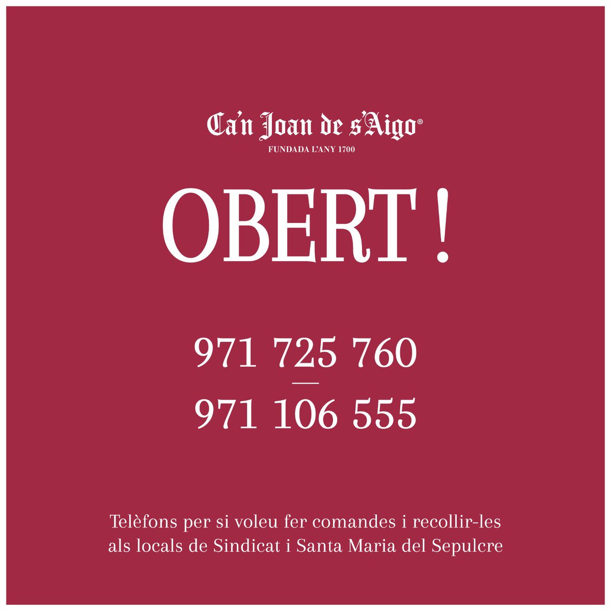 Oberts els #CanJoandesaigo de Baró Santa Maria del Sepulcre i Sindicat amb totes les mesures higièniques i de seguretat establertes. També ens podeu fer comandes als ☎️971 725 760  o ☎️971 106 555. Gràcies a tots per les mostres de carinyo durant aquests mesos. Vos esperam!♥️🌈