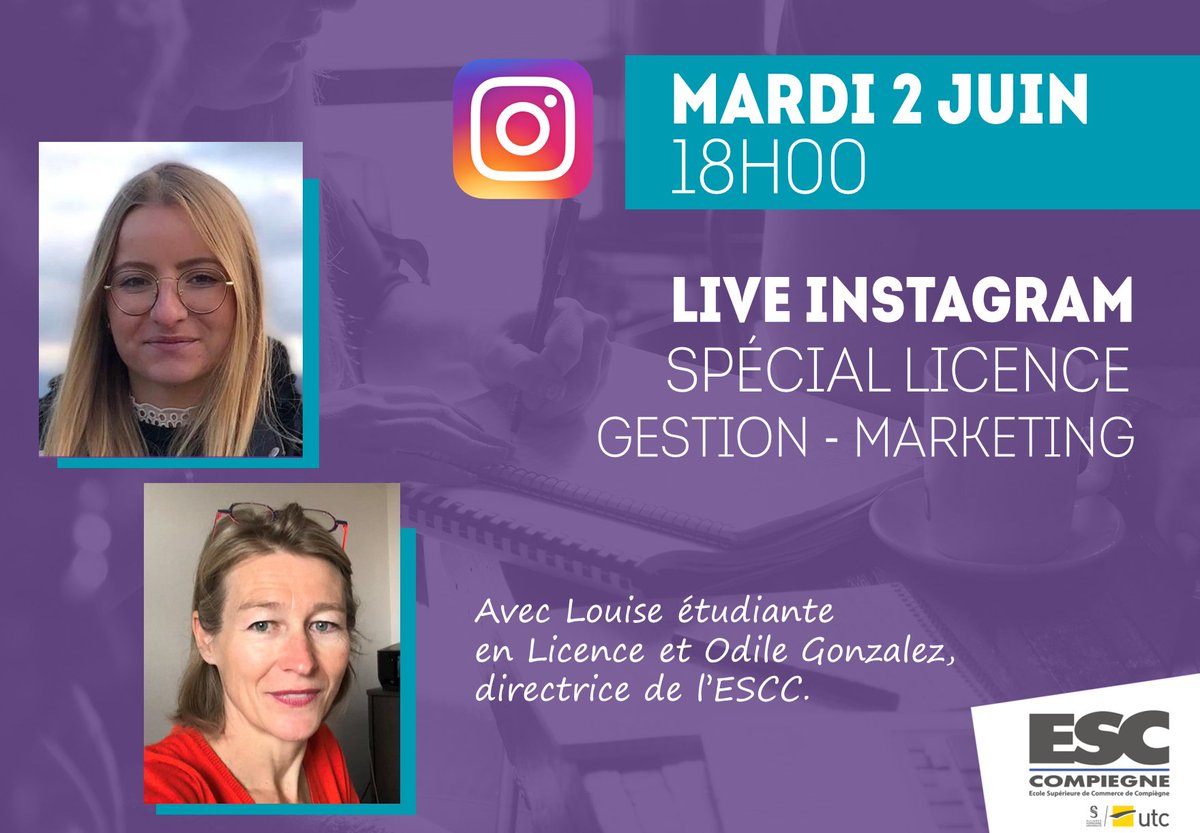 ESC_Compiegne's tweet photo. Rendez-vous ce soir sur #Instagram pour un #Live animé dès 18h par Odile Gonzalez en compagnie de Louise, alternante en #Licence #Gestion-#Marketing à l'ESC #Compiègne. Ne manquez pas ce direct pour obtenir sur les réponses à vos questions !
👉Page Instagram : @esc_compiegne https://t.co/aBLrqvwAic