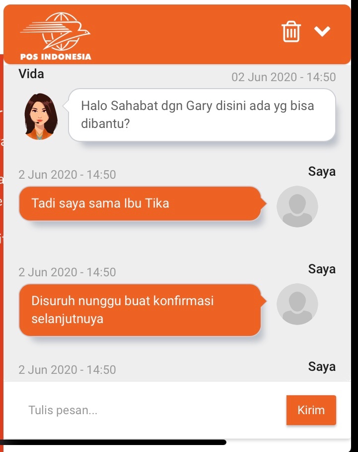 JessicaSu_8's tweet photo. Tadi disuruh nunggu karena mau di check ke kantor pos pusat, eh tiba" di end chat katanya ga ada response. Di chat ulang, langsung ga ditanggepin. https://t.co/vU9EmNI5Ow