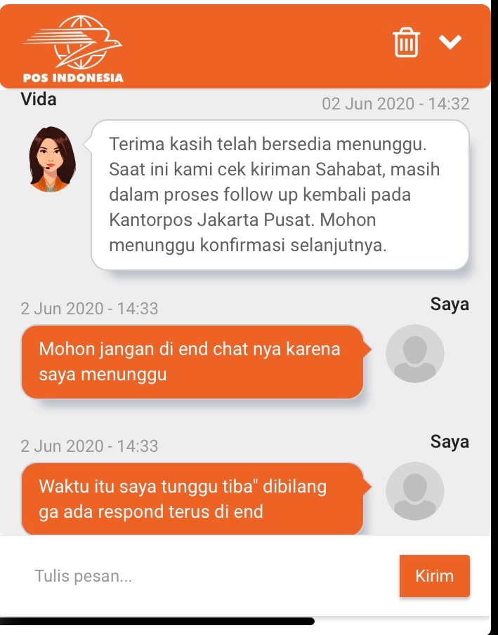 JessicaSu_8's tweet photo. Tadi disuruh nunggu karena mau di check ke kantor pos pusat, eh tiba" di end chat katanya ga ada response. Di chat ulang, langsung ga ditanggepin. https://t.co/vU9EmNI5Ow