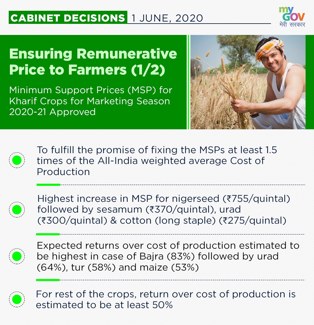 MyGovIndia on Twitter: "Ensuring remunerative price to Farmers: Minimum  Support Prices (MSP) for Kharif crops for marketing season 2020-21  approved. #CabinetDecisions https://t.co/D5UL7YGQLx…  https://t.co/dAVS6y2i06"