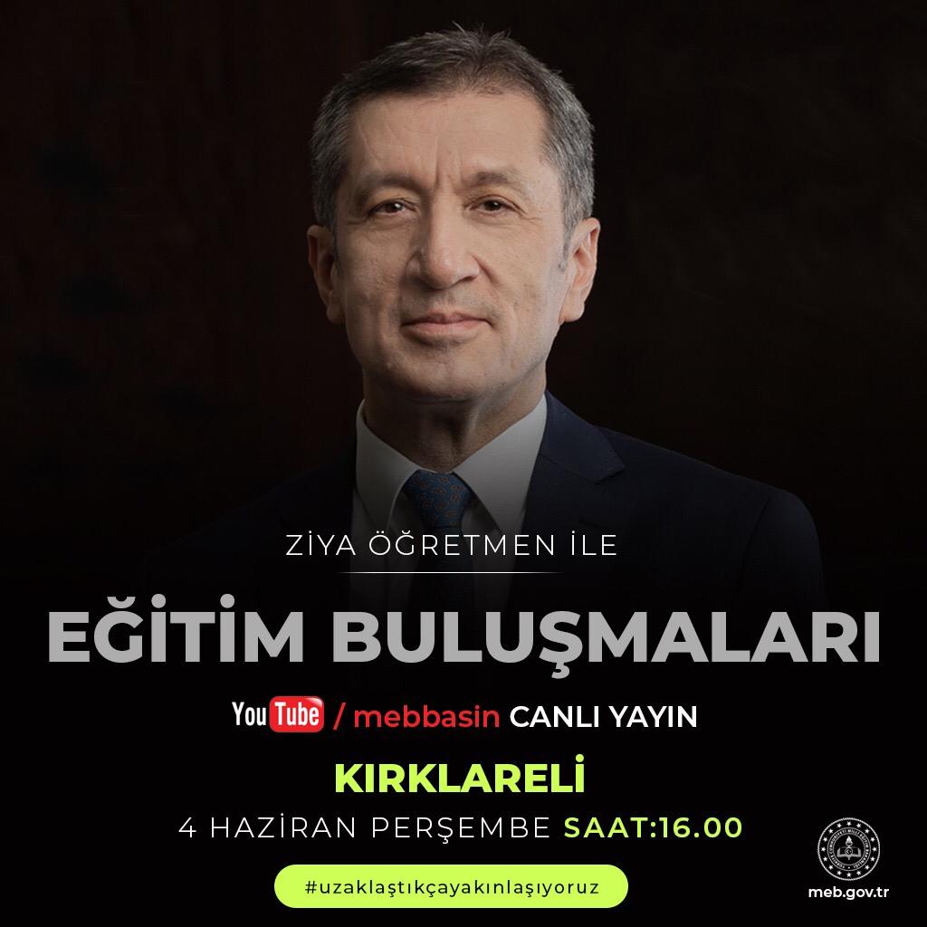 kirklarelimem's tweet photo. Bakanımız Sayın Ziya SELÇUK, 04 Hazian 2020 Perşembe günü ilimiz öğretmenleri ile buluşuyor. 

📅 04 Haziran 2020
⏰ 16.00

Youtube / mebbasin Canlı Yayın

@tcmeb 
@ziyaselcuk 
@Huseyn_Kalkan 

#uzaklaştıkçayakınlaşıyoruz https://t.co/JxFQ9yUhfv