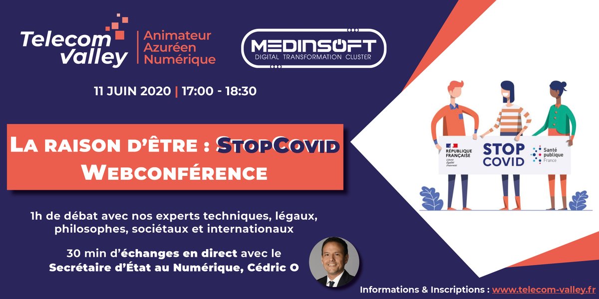 TelecomValley's tweet photo. 📲 "La raison d'être : #StopCovid", le nouvel événement 100% #digital de @TelecomValley en présence du Secrétaire d’État au Numérique, @cedric_o, et avec l’intervention d’un panel d’experts 🗓️ RDV le 11 juin à 17h
Pour en savoir plus ➡️ https://t.co/ufSo02lzew

@Medinsoft https://t.co/Mzb3rSGvro