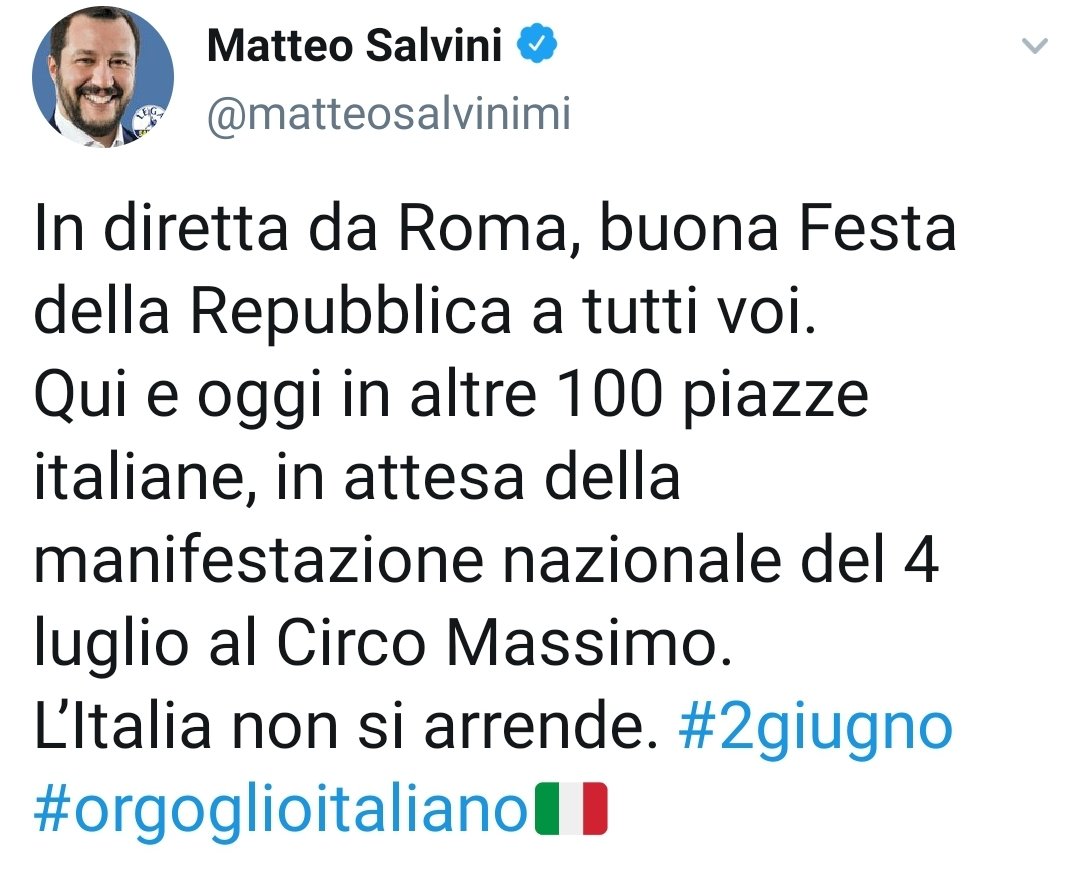 NicolaRaiano's tweet image. #Salvini è di una incoerenza mostruosa.

Cosa si fa per qualche voto in più.

Addirittura adesso va pure in Piazza a festeggiare. 🤦‍♂️

#2giugno #FestaDellaRepubblica