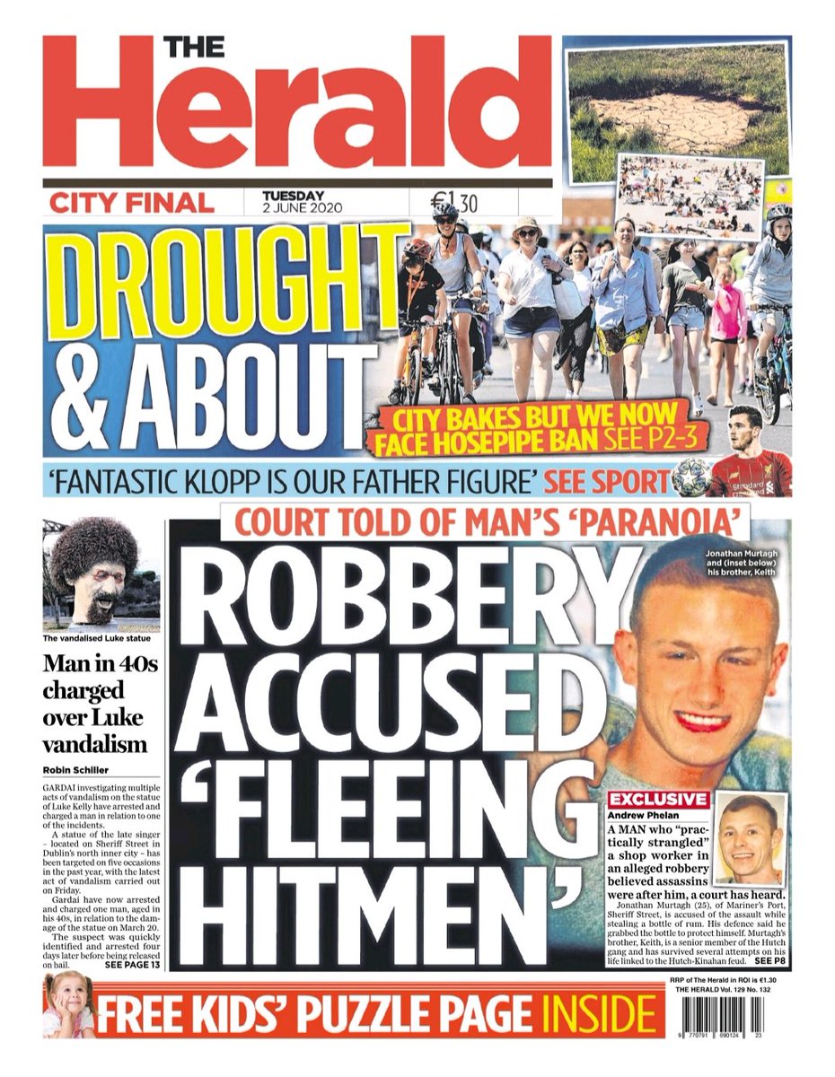 DublinIndo's tweet image. In today's Herald: A young man who "practically strangled” a shop worker in an alleged robbery was suffering from "rampant paranoia” and believed assassins were coming to hurt him.

Plus - man in his 40s charged over vandalism of Luke Kelly statue.
