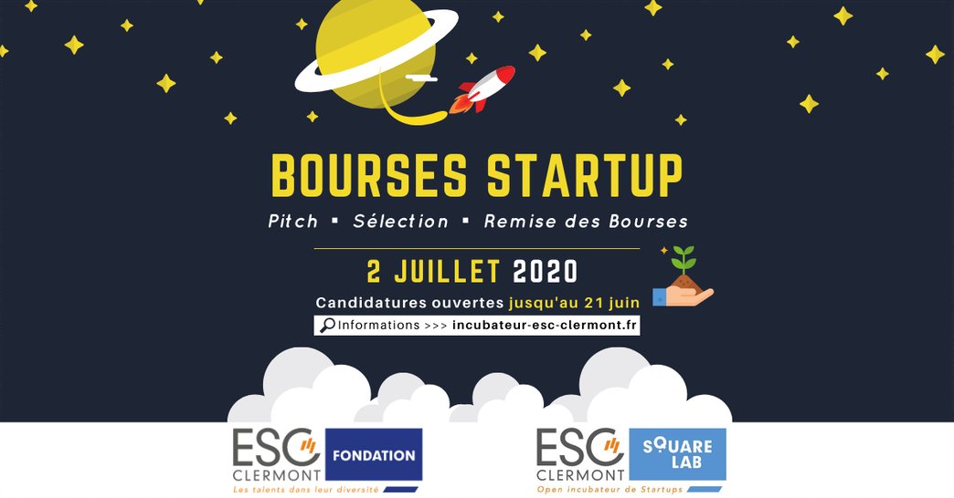 📢 [BOURSES STARTUP] 

Lancement des #Bourses #Startup de la @FondationESCClermont ✨

🏆 21 000€ destinés aux #étudiants pour soutenir leur projet entrepreneurial / #innovation 🚀

💥Pour participer, c’est par ici 👉 urlz.fr/cPm5 
📅 Date limite : 21 juin 2020 minuit