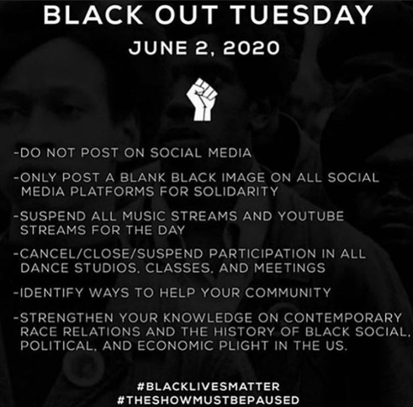 Join us in Black out Tuesday, look at the second picture for more details. Use today to educate, re-center yourself, and VOTE if your primaries are today. We are the change. #BlackLivesMatter #blackouttuesday