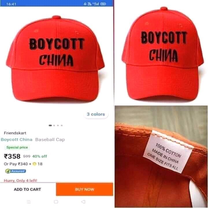 MoinSultan21's tweet photo. "China is manufacturing 'Boycott China' T-shirts in anticipation of high demand in India

Business is Business" ;) lol
#ChinaComesModiRuns 
#ChineseMindset https://t.co/H0lXOxByZ1