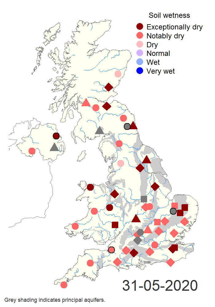 COSMOS_UKCEH's tweet photo. Our soil wetness data reveal the remarkable transition from a wet and stormy winter to an exceptionally dry and sunny spring, as reported by @metofficenews. These four maps show soil wetness at the end of February, March, April and May. https://t.co/eVkNvKPGQF