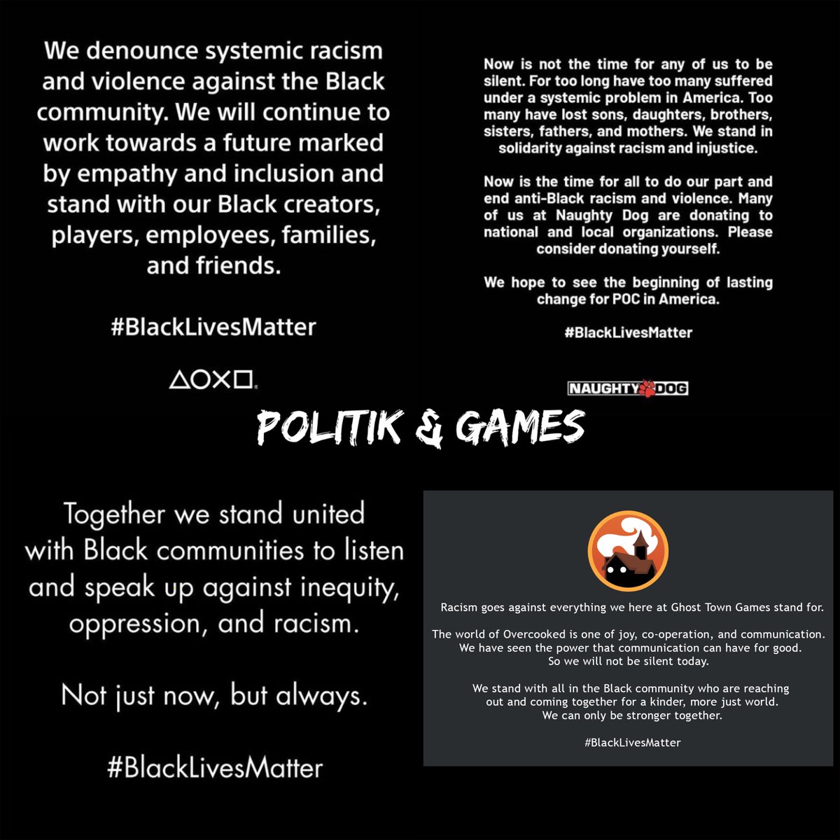 GamekulturS's tweet photo. Aus aktuellem Anlass: Es wird immer wieder diskutiert, ob Games politisch sind oder sich politisch zu verantworten haben. Gerade jetzt melden sich etliche Gamestudios zu Wort und setzen ein Zeichen! #blacklivesmatter #gamekultur #twitterlehrerzimmer https://t.co/0XsgHmYWOj
