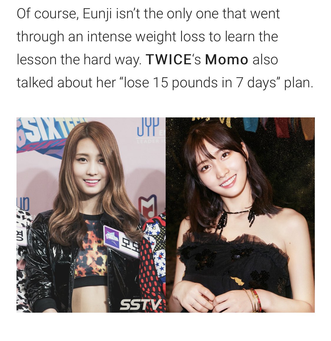 Momo and JYPE’s shit-ass management telling Momo, someone who had already had her debut almost ripped away from her, was told to lose 15 pounds before debuting with LOA.It was confirmed to be the debut showcase for LOA. The management made them change the subject..