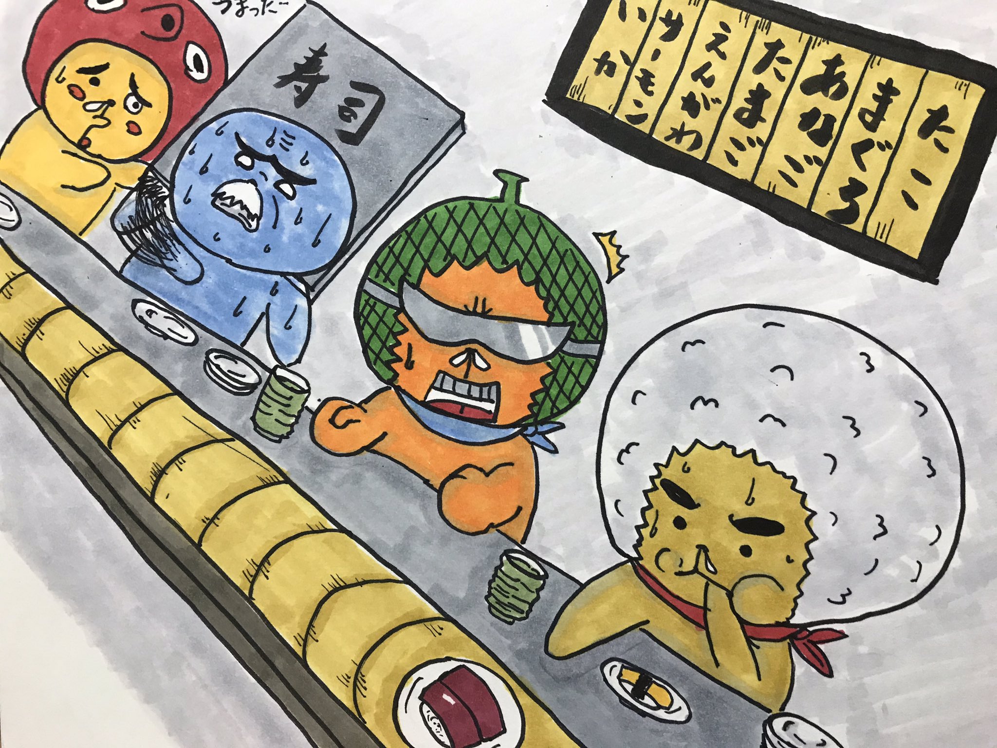 ごみぶくろ やぶれ太 回転寿司 イラスト Illustration 回転寿司 寿司 ネタ ごみ太 たこ助 ジェイ 青じい Sushi 絵描きさんと繋がりたい イラスト好きな人と繋がりたい T Co I7gpxwflsl Twitter