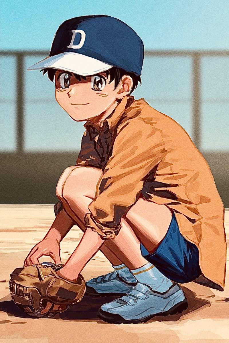 1boy male focus hat baseball mitt solo baseball cap shorts  illustration images