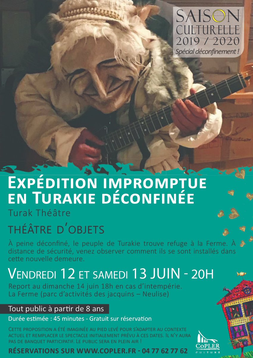 HRoffat's tweet photo. Expédition en Turakie déconfinée ! Turak #theatre. Les 12/13 juin, rdv 20 h à la #résidence d'#artistes à Neulise.
Proposition imaginée au pied levé pour s’adapter au contexte actuel et remplacer le spectacle initialement prévu à ces dates.Gratuit/résa : https://t.co/H9BFbH9yEm https://t.co/KGVkwjLF8b