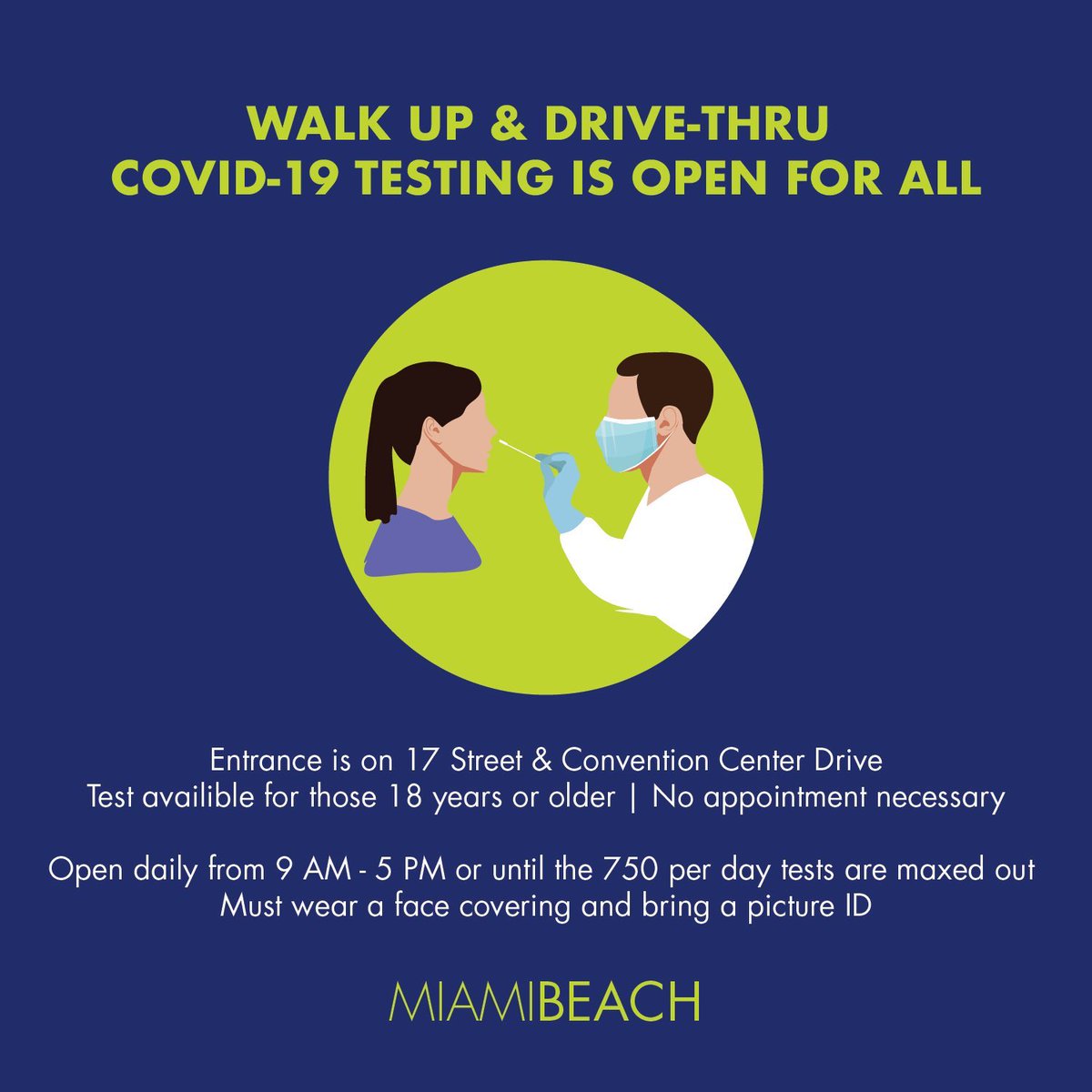 MiamiBeachNews's tweet image. Our walk up &amp;amp; drive-thru #COVID19 testing is open until 5 PM or until we’ve maxed out of tests, daily!