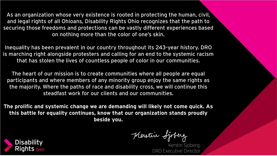 DisabilityRtsOH's tweet image. "The prolific and systemic change we are demanding will likely not come quick. As this battle for equality continues, know that our organization stands proudly beside you."

- Kerstin Sjoberg,
Executive Director

#BlackLivesMatter #Ohio #DisabilityRights