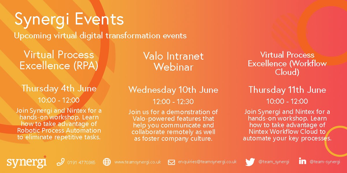 All of a sudden it's June... which means it's time for our next round of virtual events!
We've partnered with global digital leaders <a href="/Nintex/">Nintex</a> and <a href="/valointranet/">ValoIntranet</a> to offer you some information-packed opportunities.
Find out more about any of our events here: teamsynergi.co.uk/synergi-hub/ev…